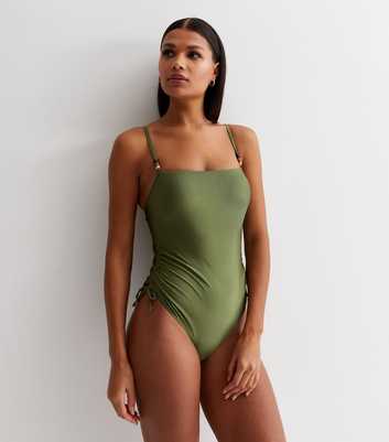 Khaki Square Neck Ruched Side Swimsuit
