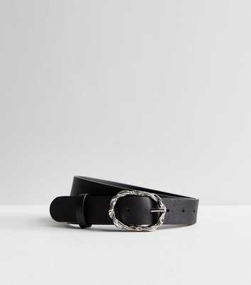 Black Leather-Look Textured Buckle Belt