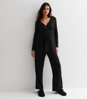 Maternity Black Ribbed Jersey Over Bump Wide Leg Trousers
