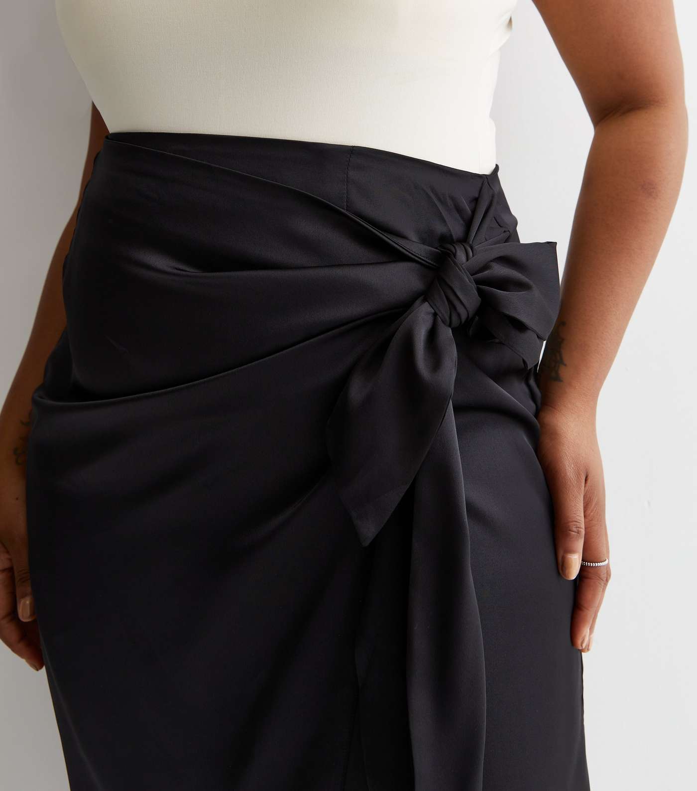 Curves Black Satin Sarong Midaxi Skirt Image 2