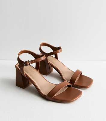 Tan Leather-Look 2 Part Block Heel Sandals