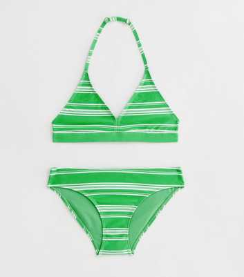 Girls Green Stripe Triangle Bikini Set