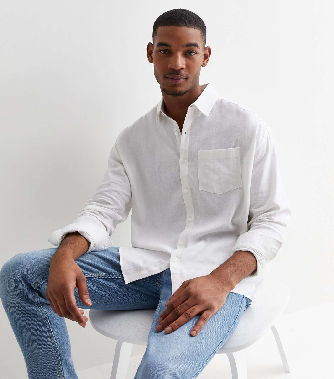 White Linen Blend Long Sleeve Oversized Shirt