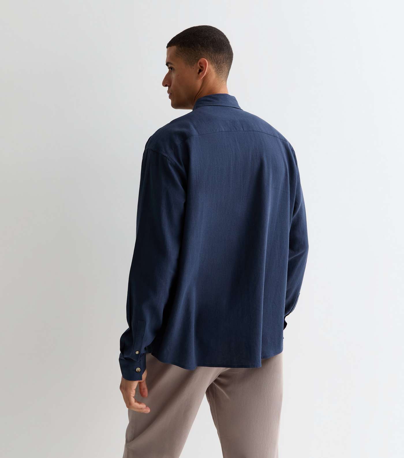 Navy Linen Blend Long Sleeve Oversized Shirt Image 4