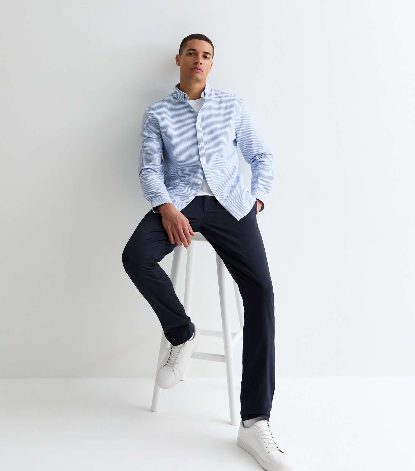 Blue Stripe Long Sleeve Cotton Oxford Shirt  Image 3
