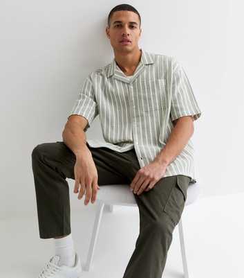 Green Stripe Textured Cotton Short Sleeve Shirt