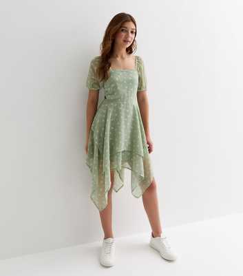 Girls Green Floral Chiffon Hanky Hem Mini Dress