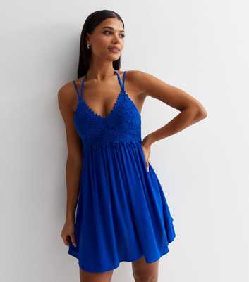 Blue Crochet Strappy Mini Beach Dress
