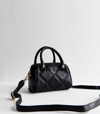 Black Leather-Look Stitch Mini Bowler Bag