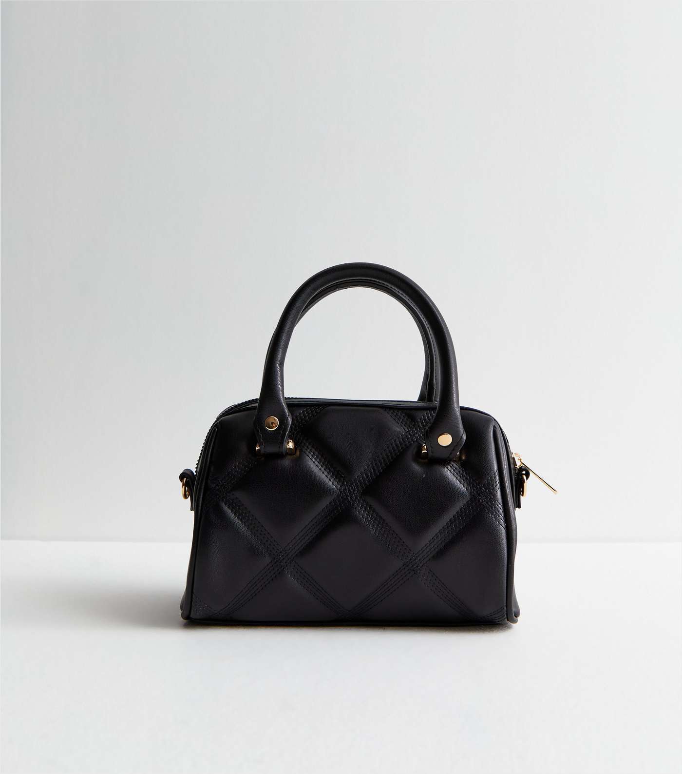 Black Leather-Look Stitch Mini Bowler Bag Image 4