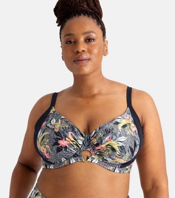 Dorina Curves Black Tropical Print Bikini Top New Look