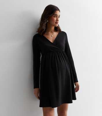 Maternity Black Crinkle Jersey Wrap Mini Smock Dress