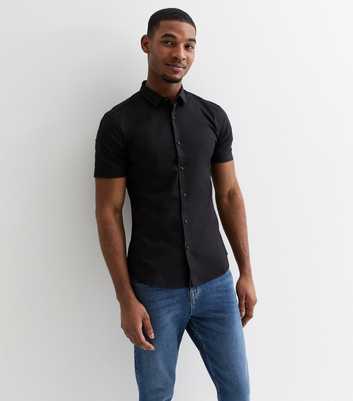 Black Poplin Short Sleeve Muscle Fit Shirt
