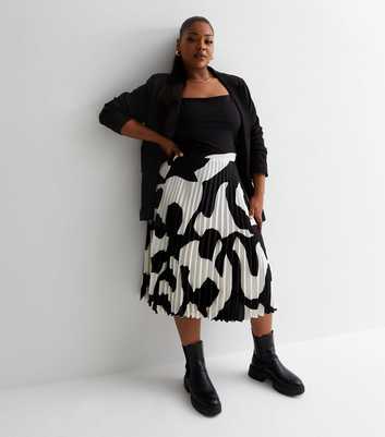 Curves Black Abstract Satin Pleated Midi Skirt