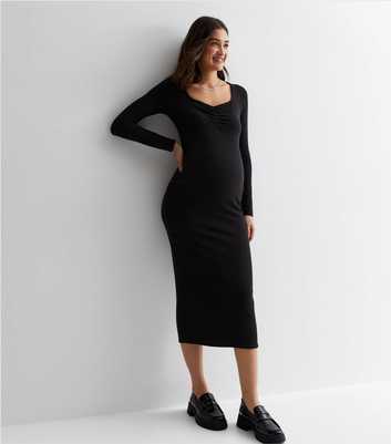 Maternity Black Ribbed Jersey Long Sleeve Midi Dress