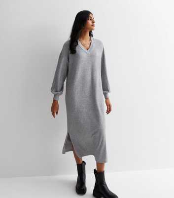 Grey Ribbed Knit V Neck Midi Dress