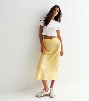 Pale Yellow Satin Midi Skirt