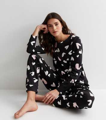 Black Jogger Pyjama Set with Heart Print