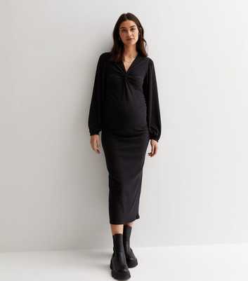 Maternity Black Ribbed Twist Front Midi Dress