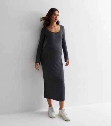 Maternity Dark Grey Ribbed Jersey Scoop Midi Dress