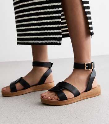 Wide Fit Black Leather-Look 2 Part Footbed Sandals