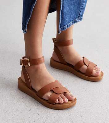 Wide Fit Tan Leather-Look 2 Part Footbed Sandals