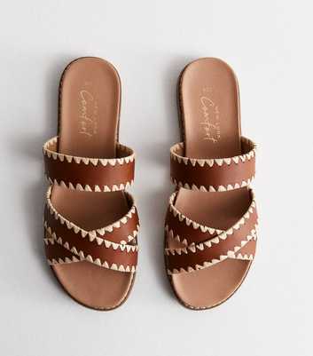 Tan Leather-Look Stitch Cross Over Sliders