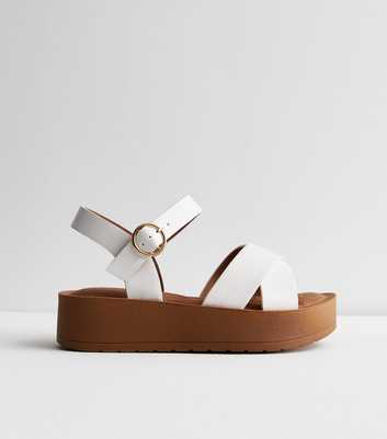 Wide Fit White Leather-Look Flatform Sandals