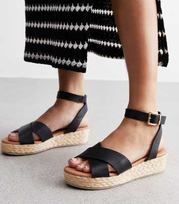 Black Leather-Look 2 Part Flatform Espadrille Sandals