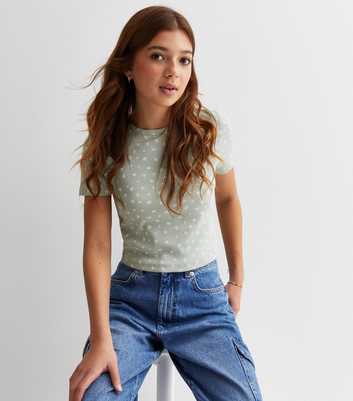 Girls Green Ditsy Floral Ribbed Top
