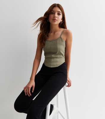 Girls Olive Ribbed Strappy Corset Top
