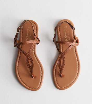Tan Leather-Look Twist Toe Post Sandals