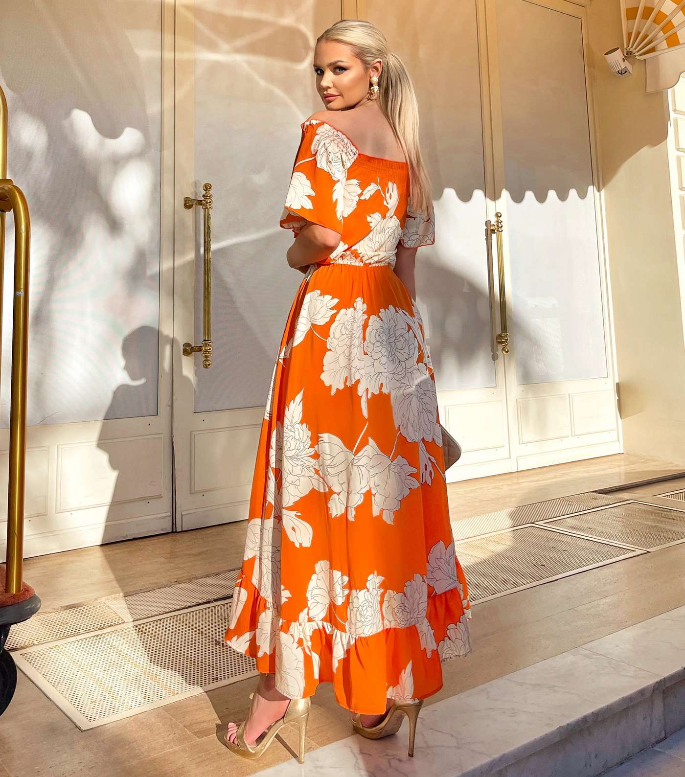 AX Paris Orange Floral Bardot Midi Dress Image 3