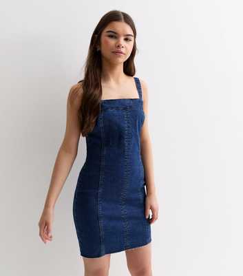 Girls Blue Denim Square Neck Mini Dress