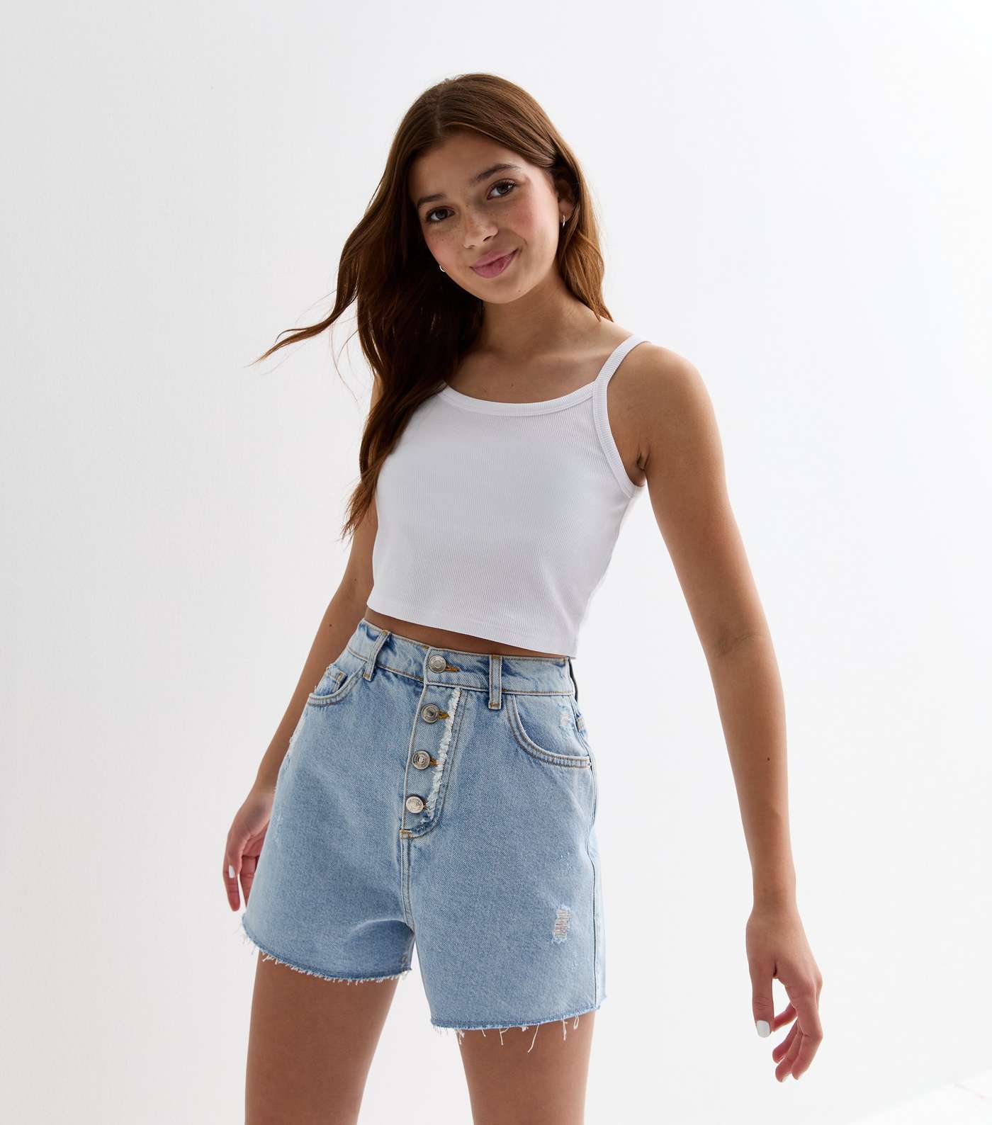 Girls Blue Button Front Mom Shorts Image 3