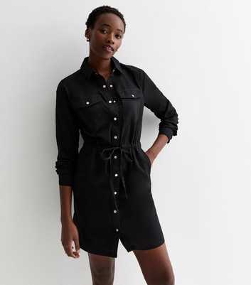 Tall Black Lightweight Denim Drawstring Mini Shirt Dress