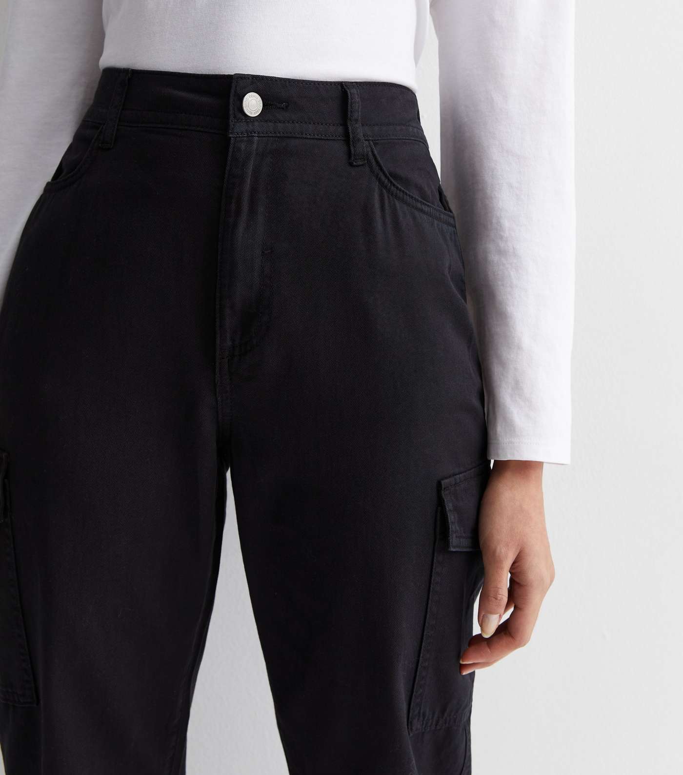 Black Denim Cuffed Cargo Trousers Image 3