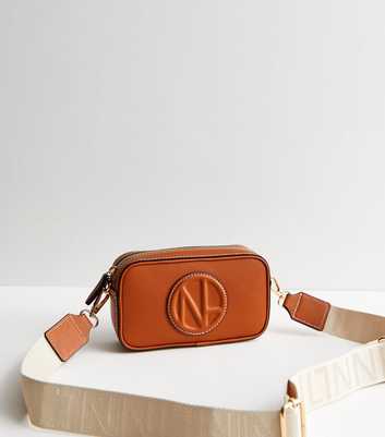 Tan Leather-Look Embossed Camera Cross Body Bag