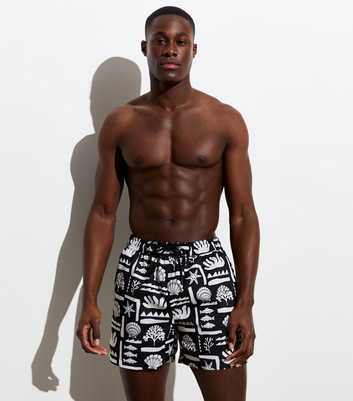 Black Shell Print Drawstring Swim Shorts