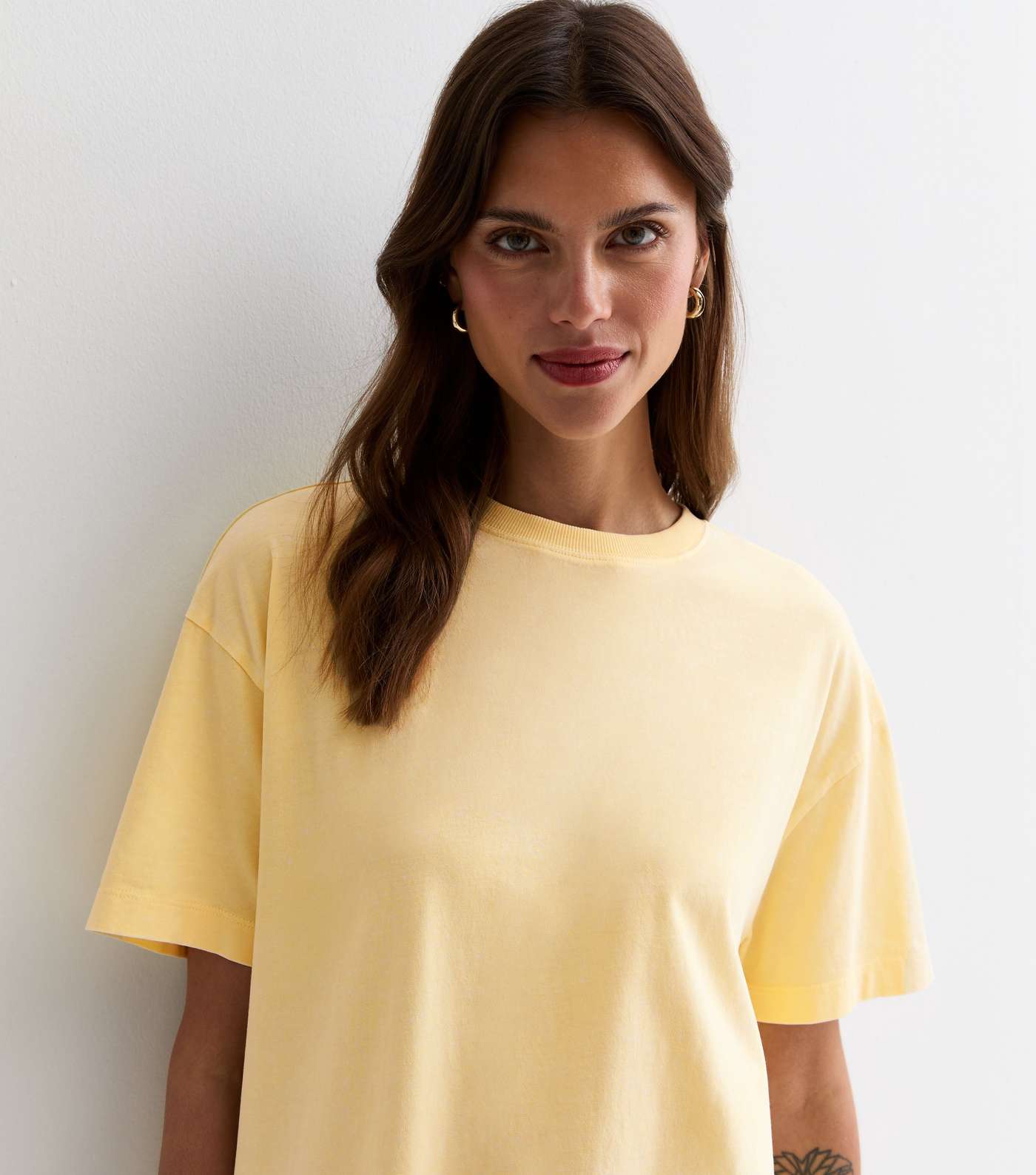 Pale Yellow Acid Wash Cotton Crew Neck Oversized T-Shirt Image 2