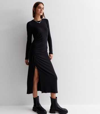 Black Ribbed Jersey Ruched Side Midi Dress