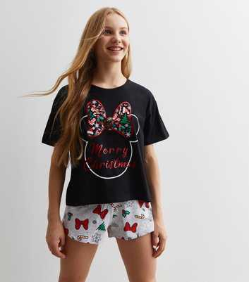 Girls Black Short Pyjama Set with Disney Christmas Minnie Mouse Print