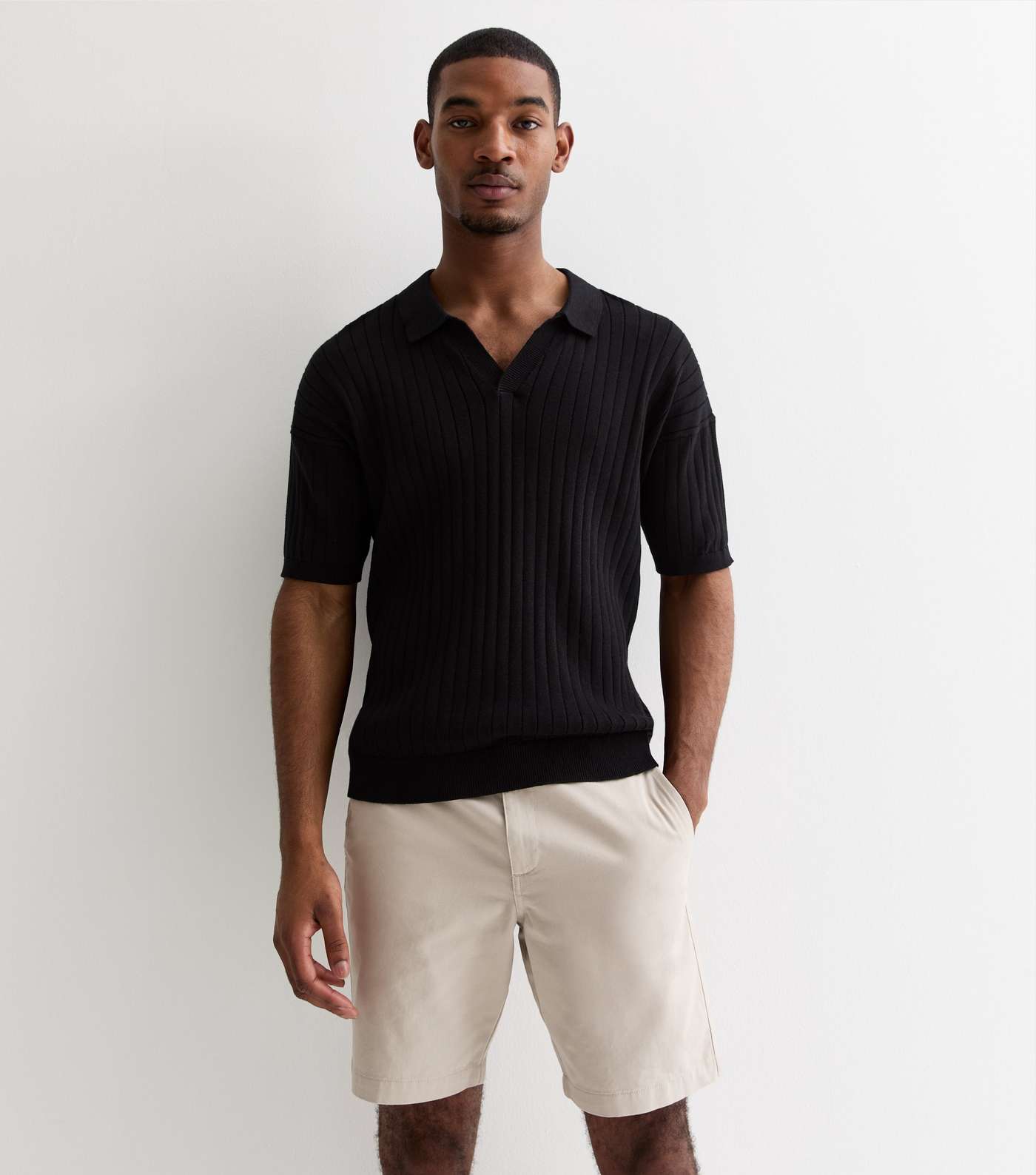 Black Rib Knitted Cotton Polo Shirt Image 2