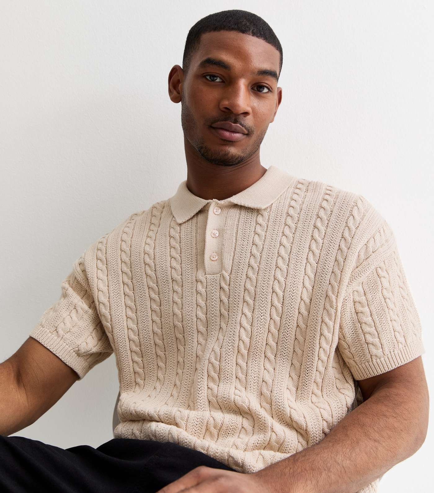 Off White Cable Knit Relaxed Fit Short Sleeve Polo Top