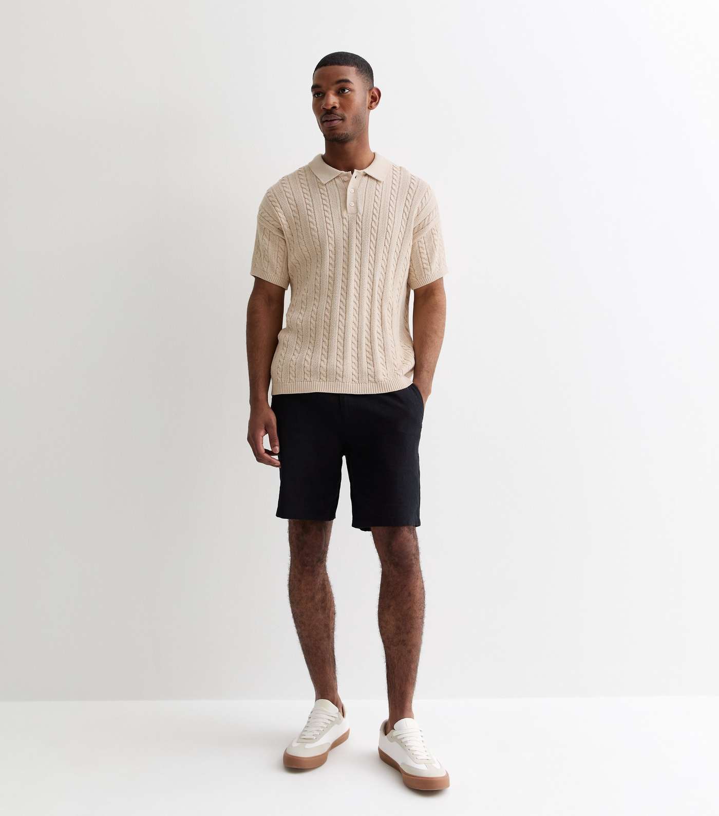 Off White Cable Knit Relaxed Fit Short Sleeve Polo Top Image 3