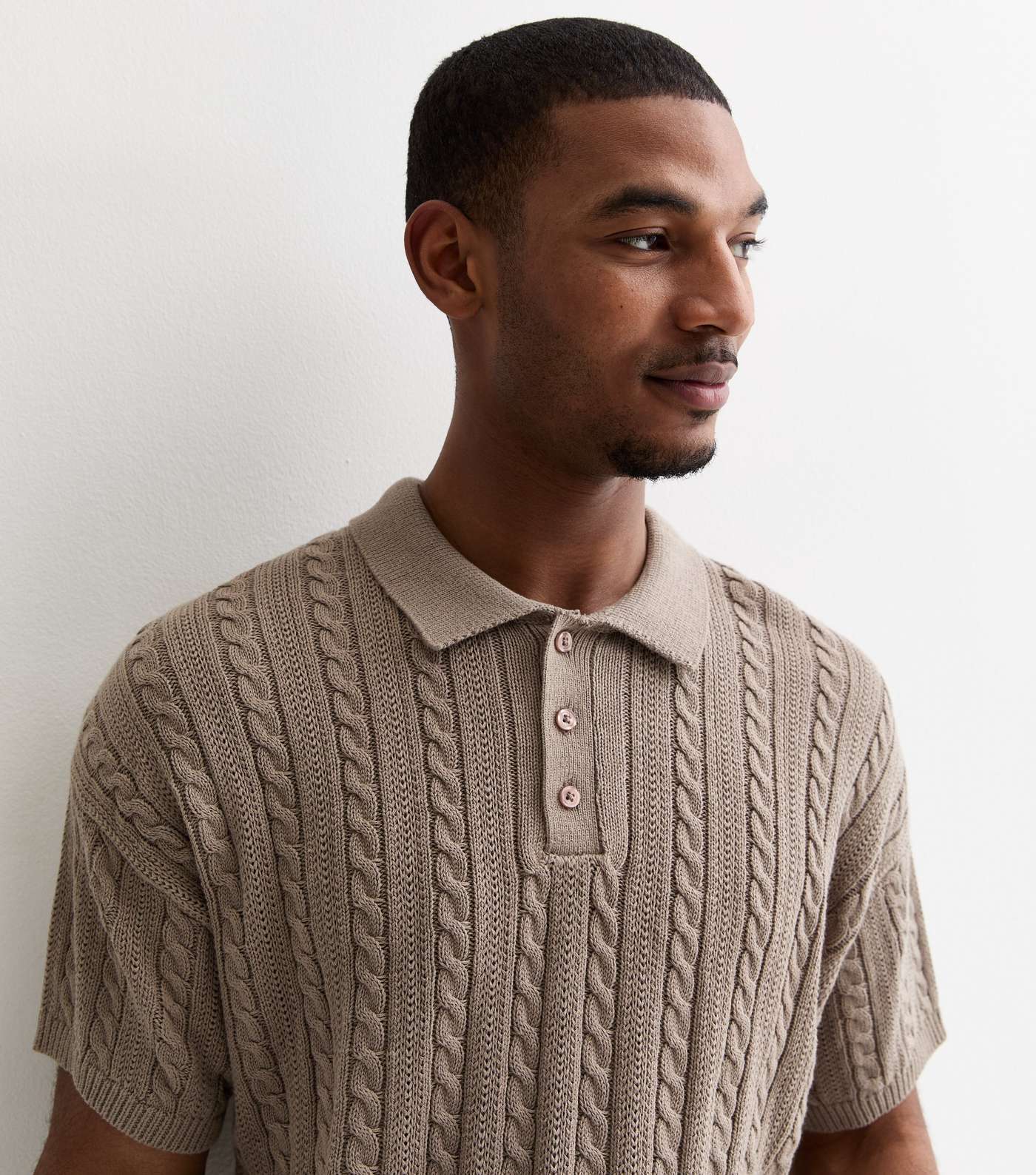 Light Brown Cable Knit Relaxed Fit Short Sleeve Polo Top