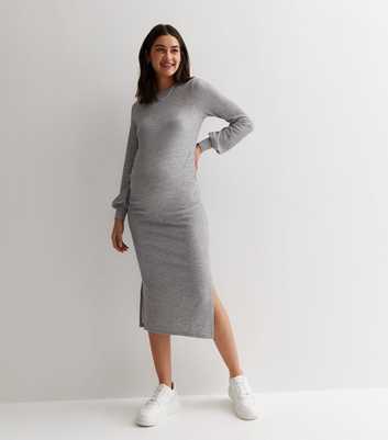 Maternity Grey Ribbed Puff Sleeve Midi Dress