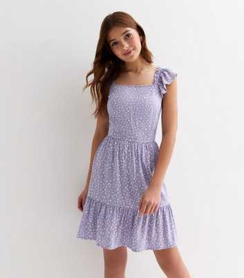 Girls Lilac Ditsy Floral Frill Dress