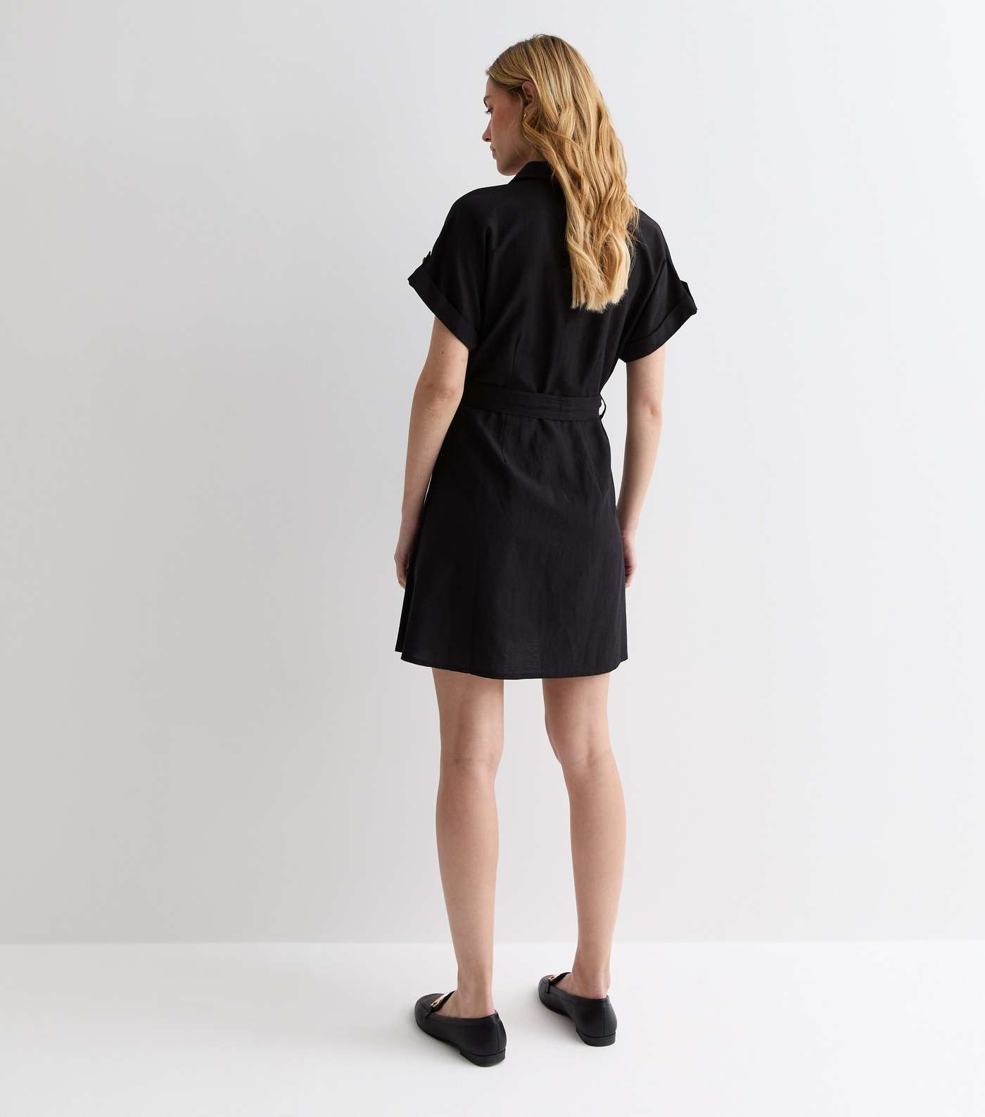 Black Belted Utility Mini Shirt Dress Image 4