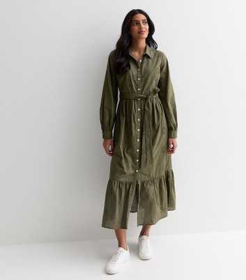Olive Cotton Flower Broderie Belted Midi Shirt Dress